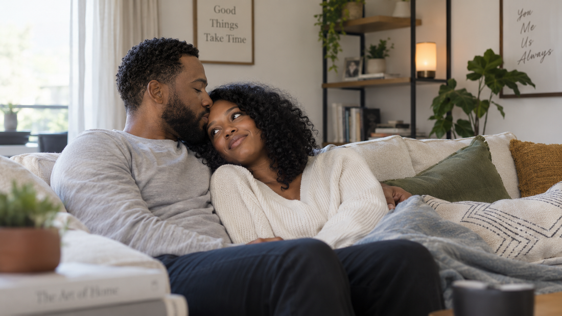 African American couple cuddling closely on a sofa, representing intimacy with someone new after a long relationship and rebuilding comfort, trust and physical connection.