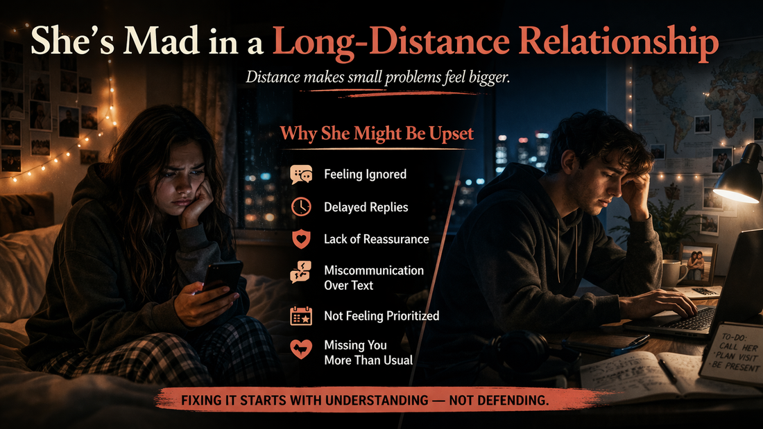 Woman upset on phone in long-distance relationship infographic showing reasons she may be mad and how to fix communication issues