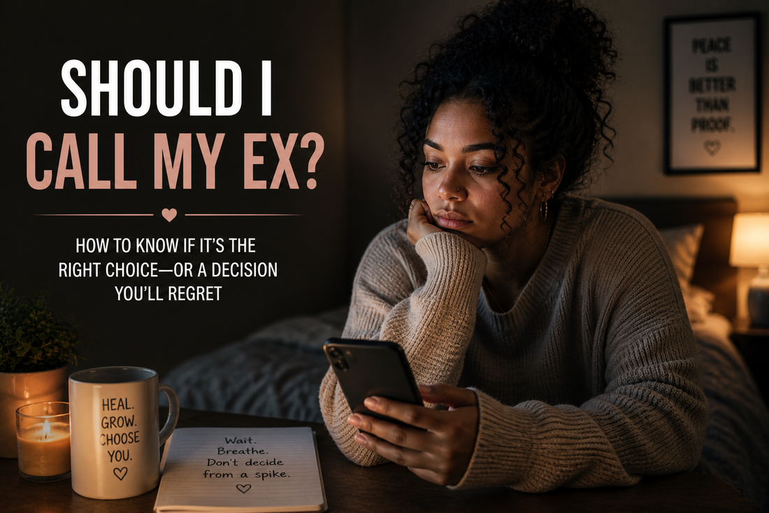 Woman sitting in a dimly lit room looking at her phone with hesitation, reflecting on whether to call her ex after a breakup