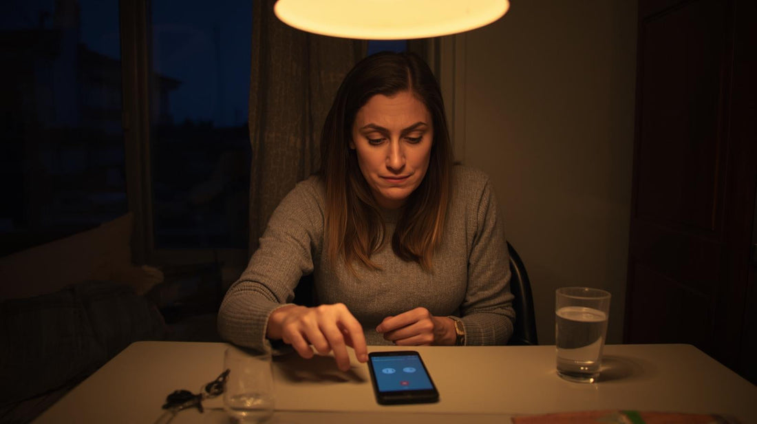 Woman sitting at kitchen table at night hesitating over her phone before calling her ex