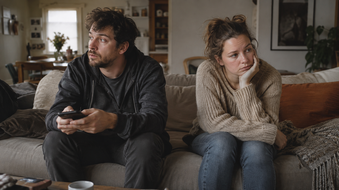 Couple sitting emotionally disconnected on a sofa, with one partner distracted by his phone and the other looking exhausted and uncertain, representing relationship strain with an ADHD partner.