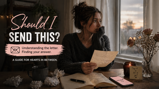 person sitting by window holding a handwritten breakup letter while hesitating, with phone nearby showing unsent message, symbolizing emotional conflict and decision whether to send a breakup letter