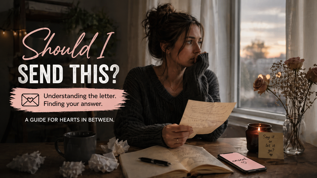person sitting by window holding a handwritten breakup letter while hesitating, with phone nearby showing unsent message, symbolizing emotional conflict and decision whether to send a breakup letter