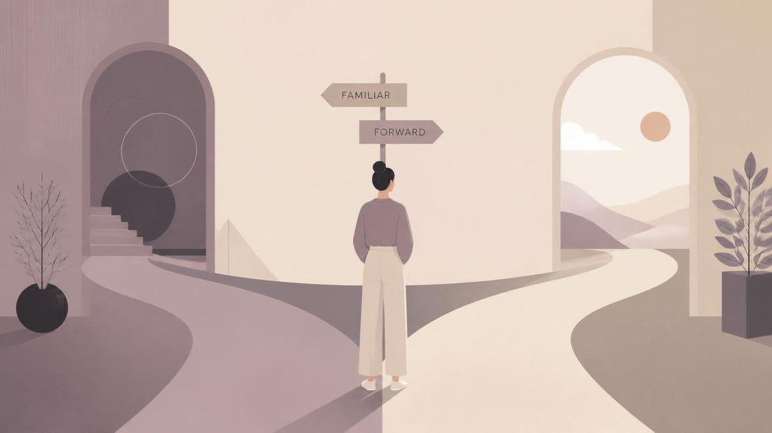 Flat illustration of a person at a crossroads contemplating whether to take an ex back, representing relationship decision-making