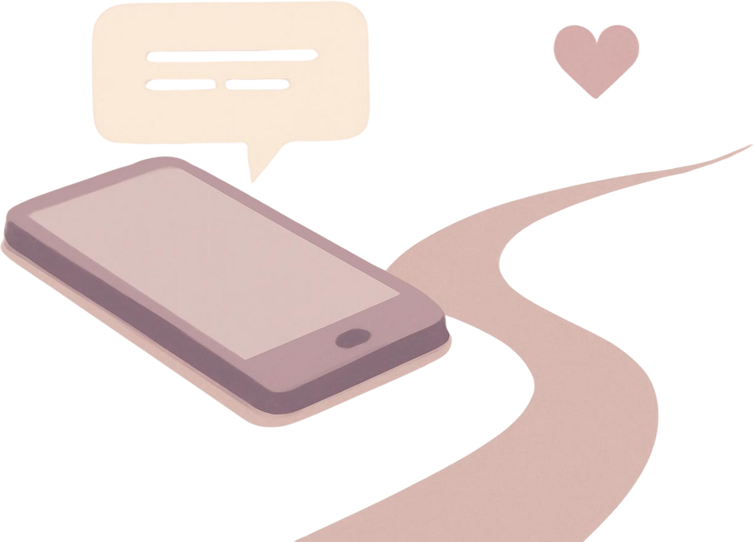 Smartphone illustration with an unsent message bubble and forked path symbolizing whether to tell an ex I miss her.