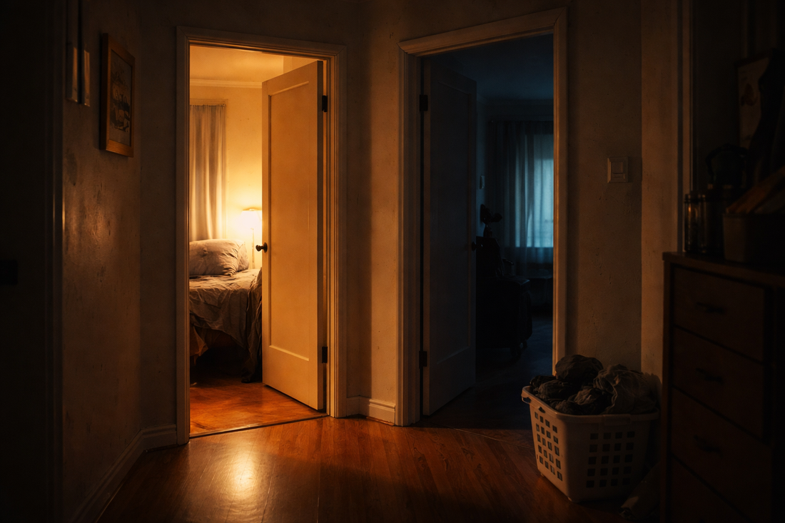 Dimly lit apartment hallway splitting into two doorways, one warmly lit and one dark, symbolizing a quiet relationship decision point