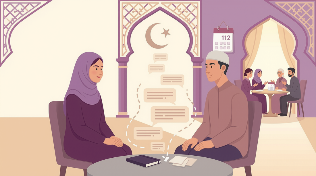 Should you stop talking before nikah? Muslim man and woman seated apart with fading message bubbles and a boundary symbolizing paused contact.