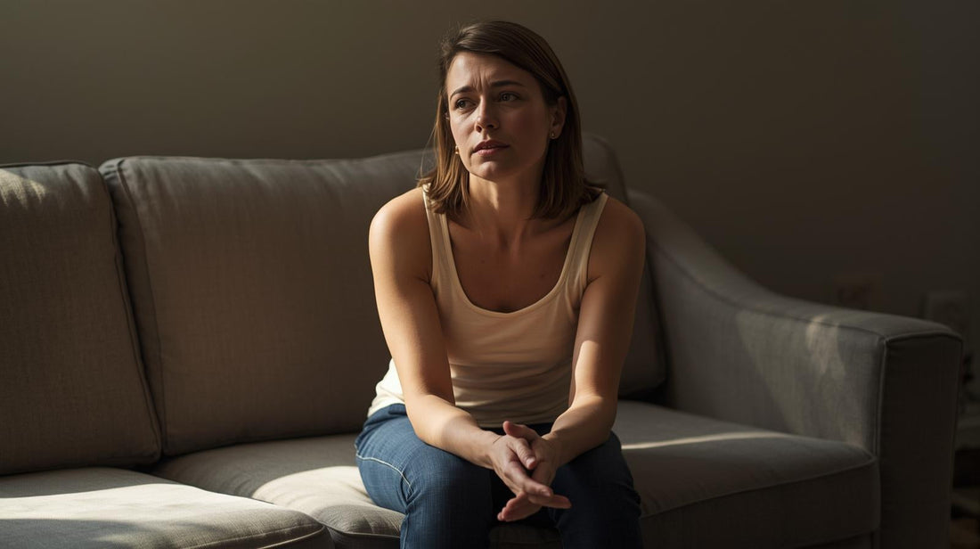 Woman sitting small on a couch, holding her needs quietly.