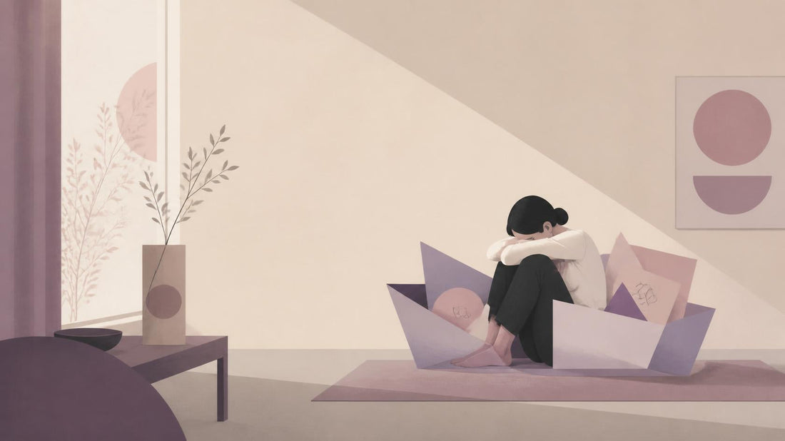 Flat illustration of a solitary figure in a spacious interior with contracted posture surrounded by inward-folding geometric shapes, representing the pattern of minimizing personal needs in relationships