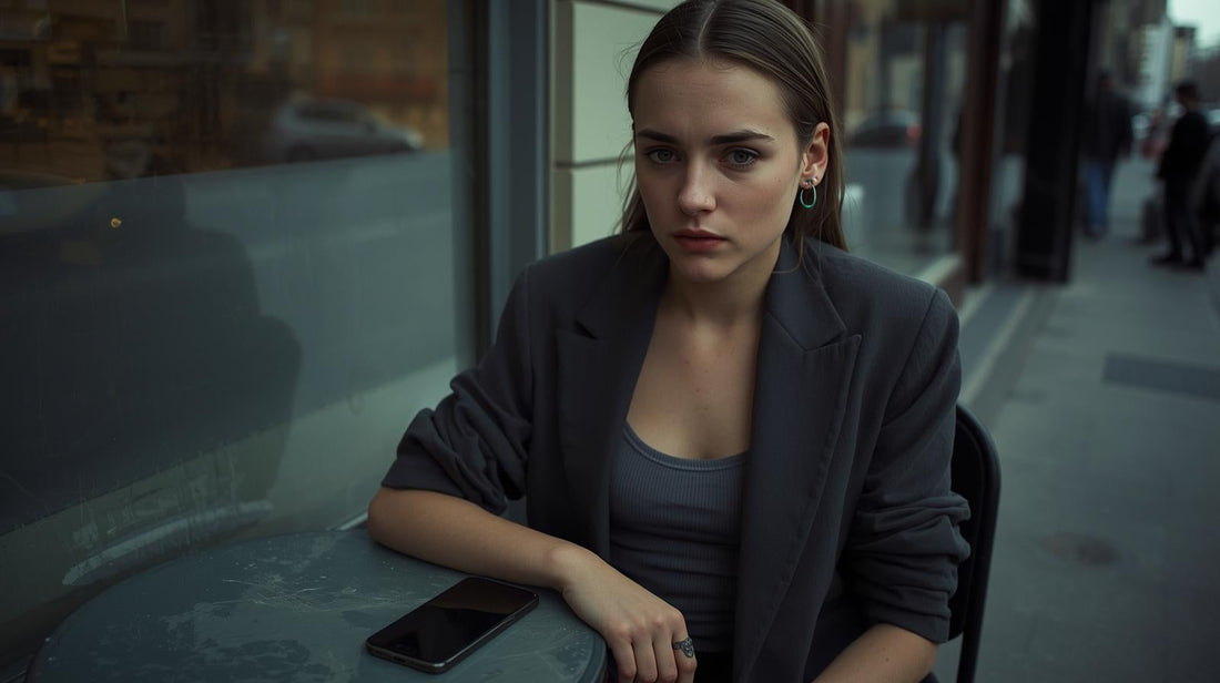 young woman sitting at café window thoughtfully evaluating a message from her ex