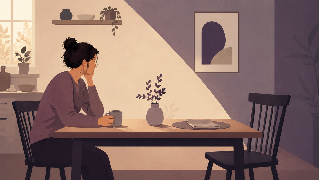 Flat editorial illustration of a person sitting alone at a kitchen table across from an empty chair, symbolizing self-doubt, emotional distance, and repeated patterns in a narcissistic marriage.