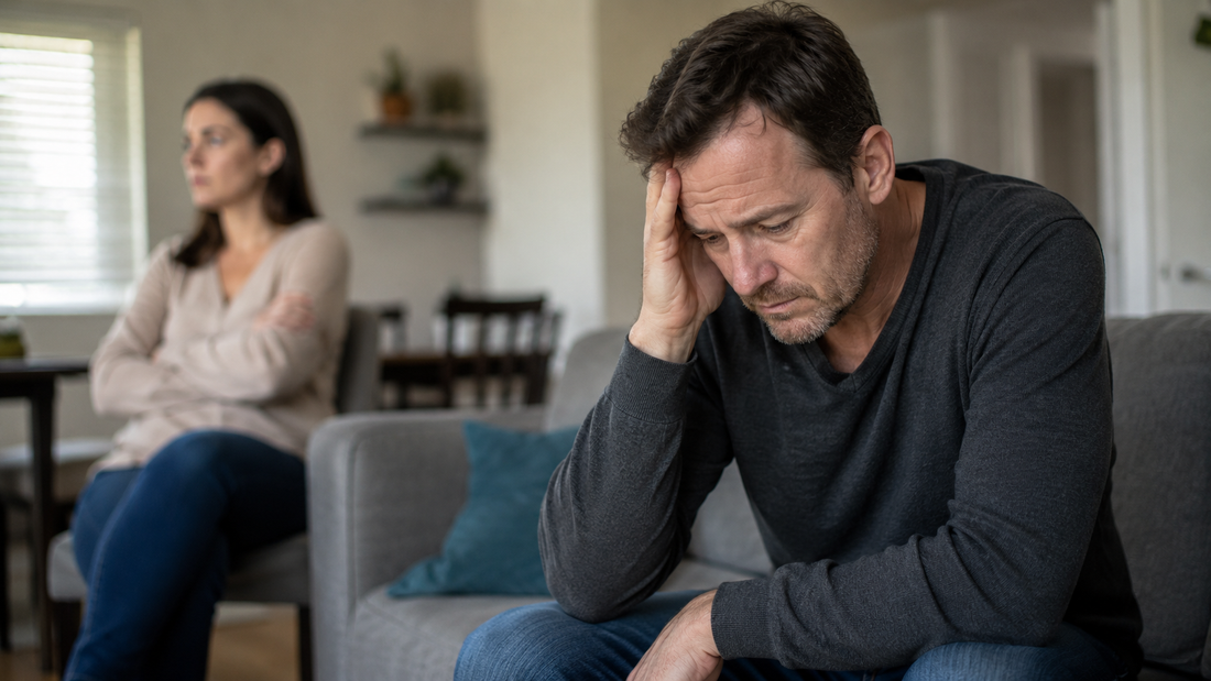 Man looking distressed while his wife sits distant behind him, reflecting tension in a narcissistic marriage.