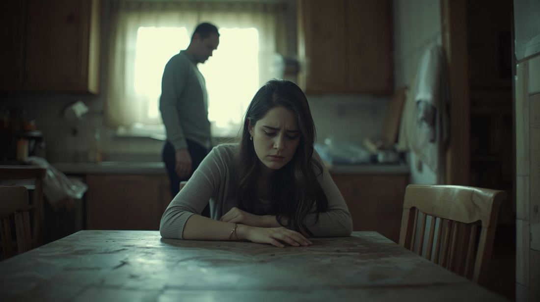 Woman sitting quietly at a table after an argument representing emotional strain in a narcissistic marriage