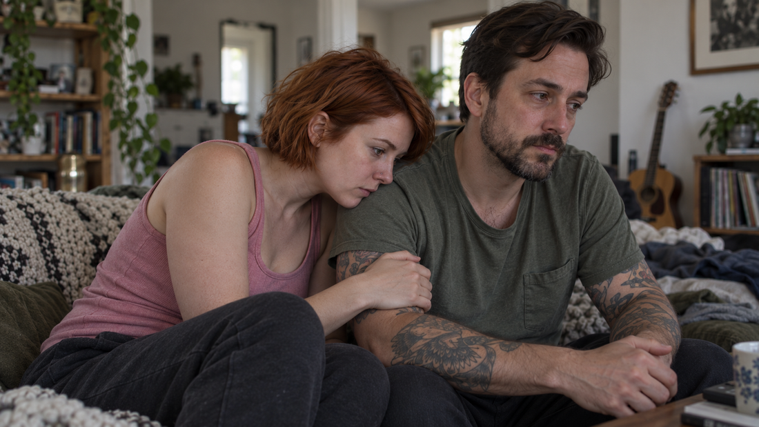 Short-haired red-haired woman in a pink tank top leaning toward her emotionally distant tattooed partner in a green T-shirt, representing the painful pull and emotional dependency of a trauma bond.