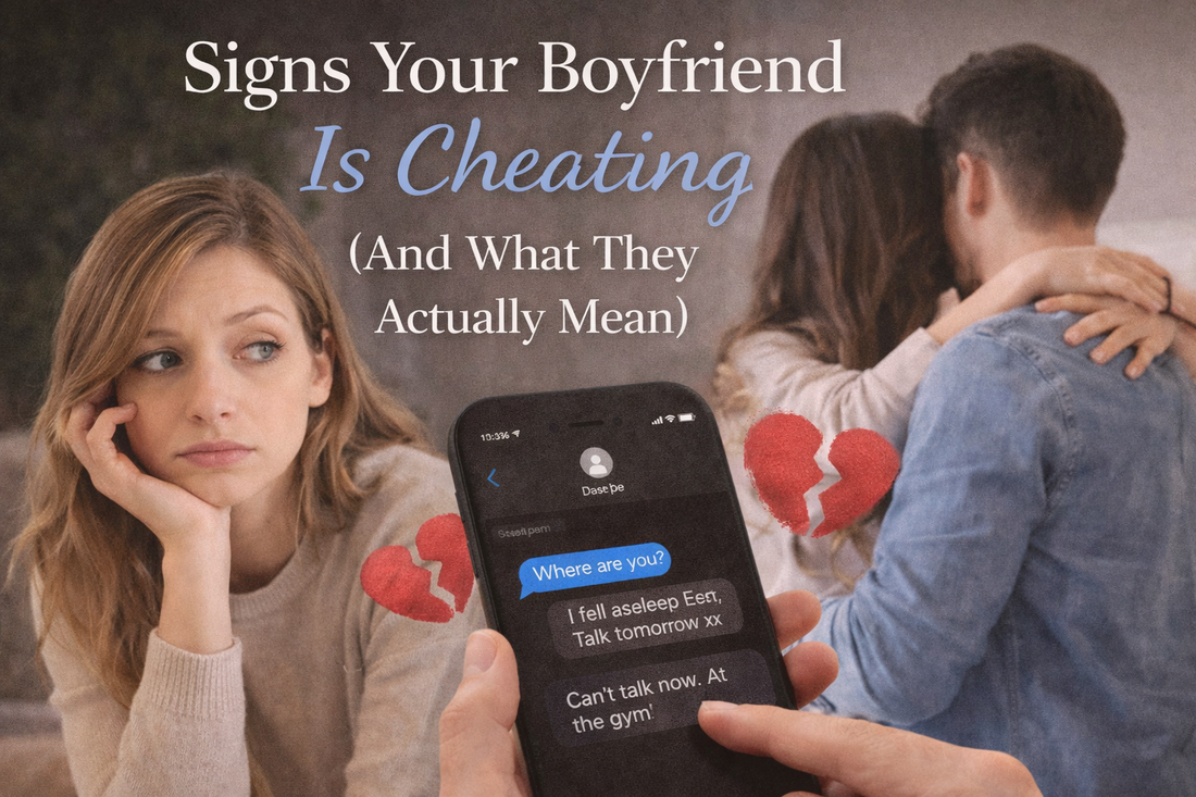 Woman looking worried at phone while boyfriend in background suggesting signs your boyfriend is cheating