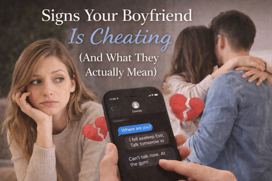Woman looking worried at phone while boyfriend in background suggesting signs your boyfriend is cheating