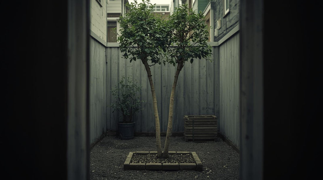 Two young trees growing close together but angled slightly away from each other