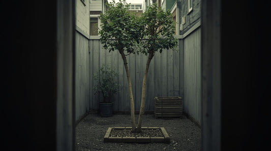 Two young trees growing close together but angled slightly away from each other