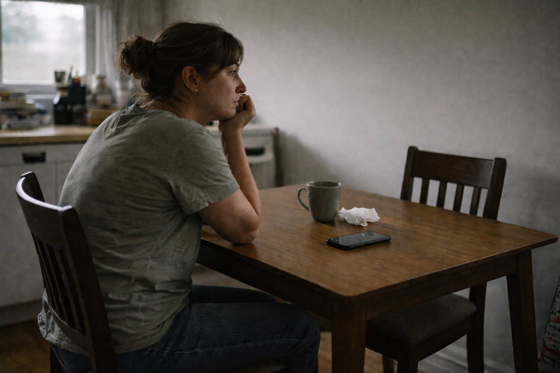 woman sitting at a table facing an empty chair while waiting in silence