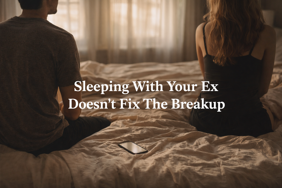 Two people sitting apart on opposite edges of a bed with a phone between them, symbolizing emotional distance after a breakup and the complexity of sleeping with an ex