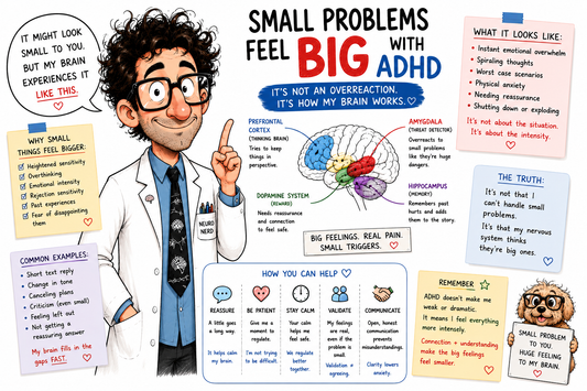 Geeky neuroscientist explaining why small problems feel big with ADHD, showing emotional intensity, overwhelm, overthinking, and nervous system sensitivity in relationships.