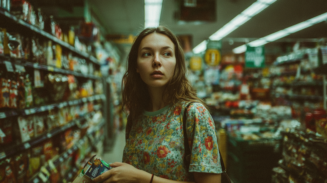 Person standing in a grocery store aisle, distracted by a memory of someone they lost while holding an everyday item.