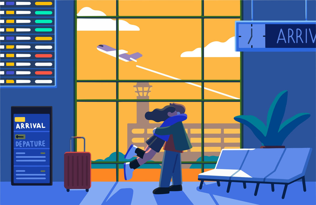 Illustration of a long distance couple reuniting at an airport with luggage and arrival signs