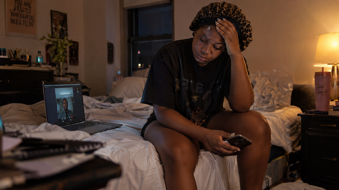 Black woman sitting exhausted in a bedroom after a difficult long-distance video call, representing relationship burnout, frustration and emotional strain from being apart