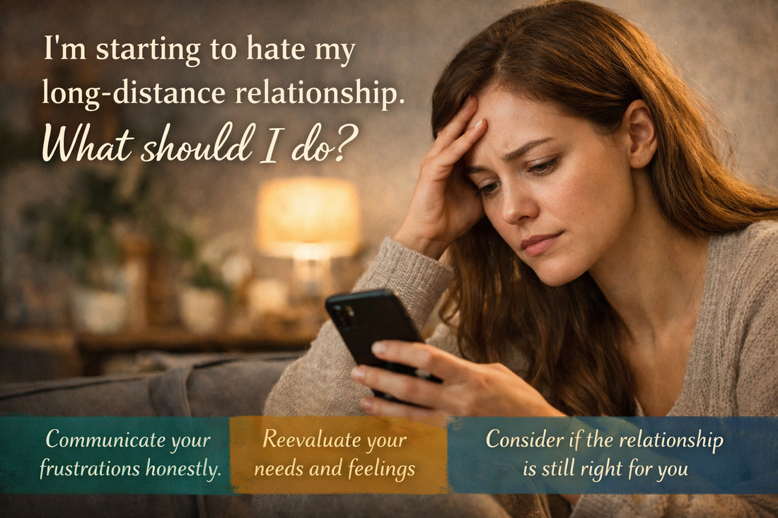 Woman looking frustrated at phone feeling unhappy in long distance relationship and questioning what to do