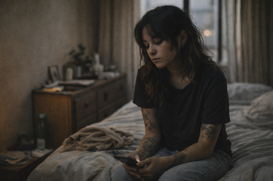 Young woman with tattoos and a nose piercing sitting on the edge of an unmade bed, holding her phone while lost in thought in a dim evening bedroom.