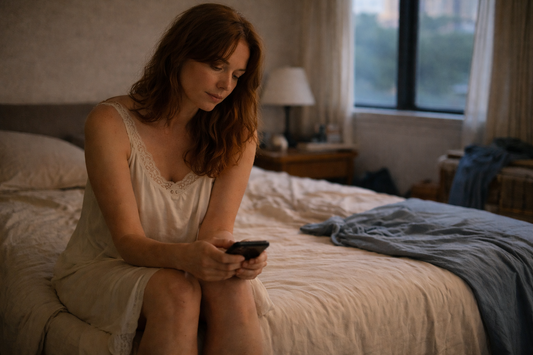 woman sitting on bed with an iphone contemplating texting her ex.