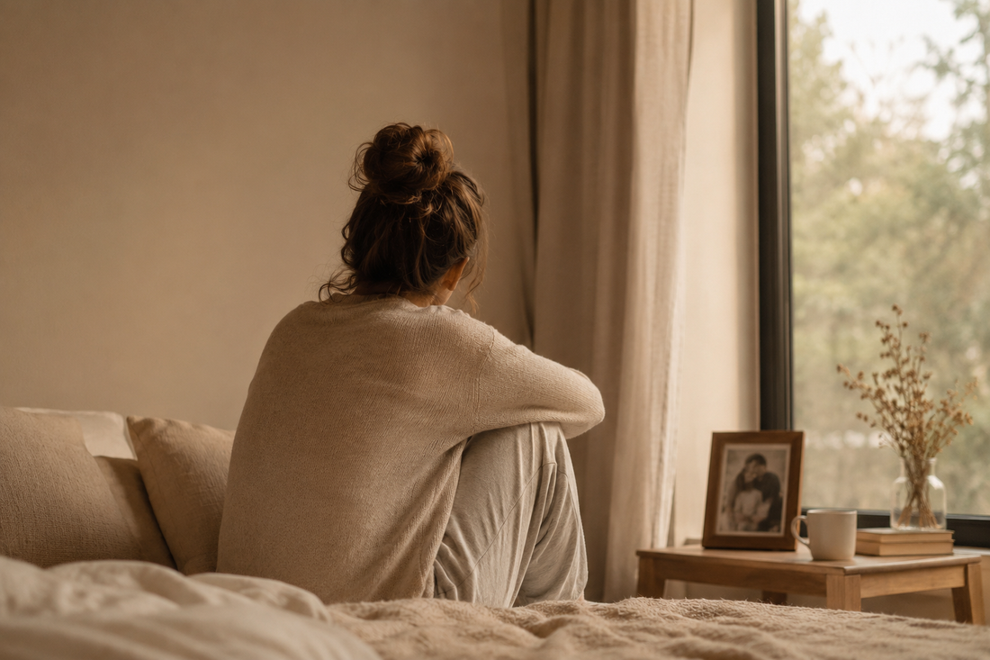 Person sitting quietly on a bed beside a window, reflecting on a past relationship while looking out into soft morning light.