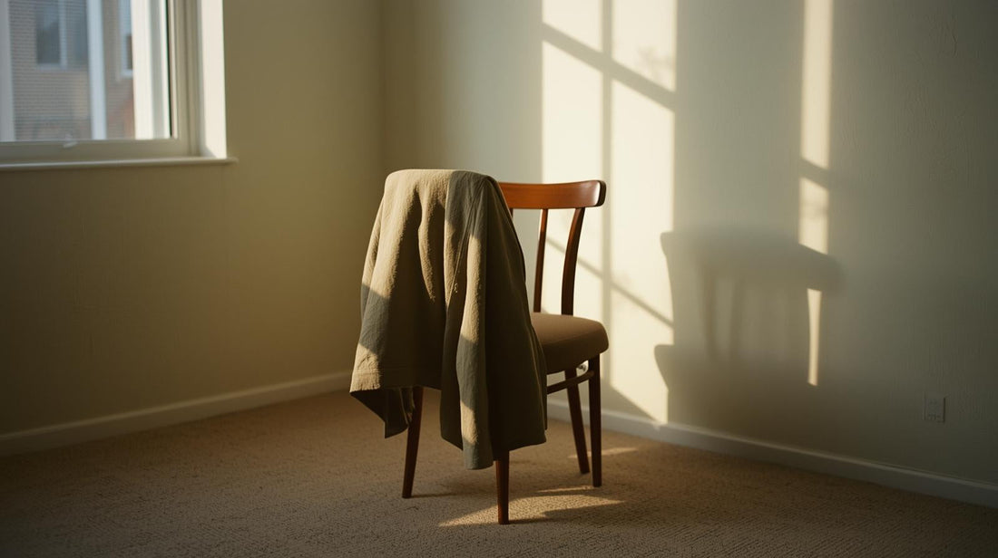 Coat left on chair in empty room symbolizing emotional attachment that hasn’t fully left