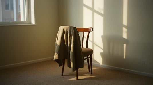 Coat left on chair in empty room symbolizing emotional attachment that hasn’t fully left