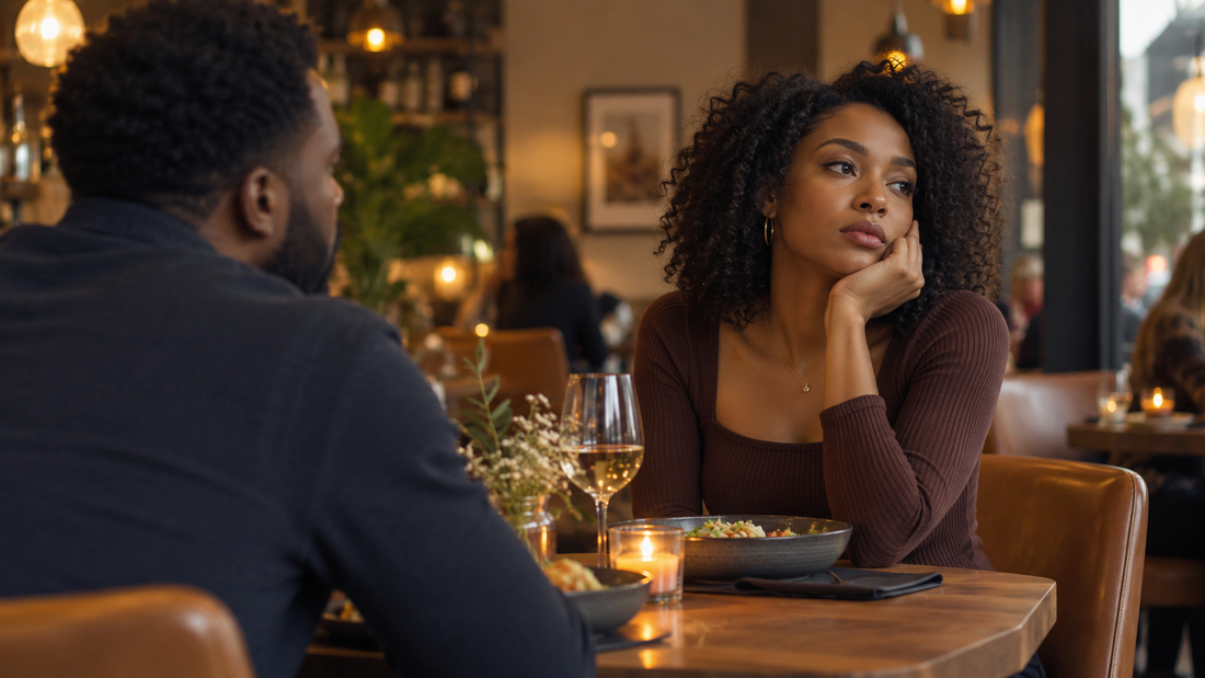 African American woman looking away during a dinner date, representing emotional distance and trying to stop comparing someone new to an ex.