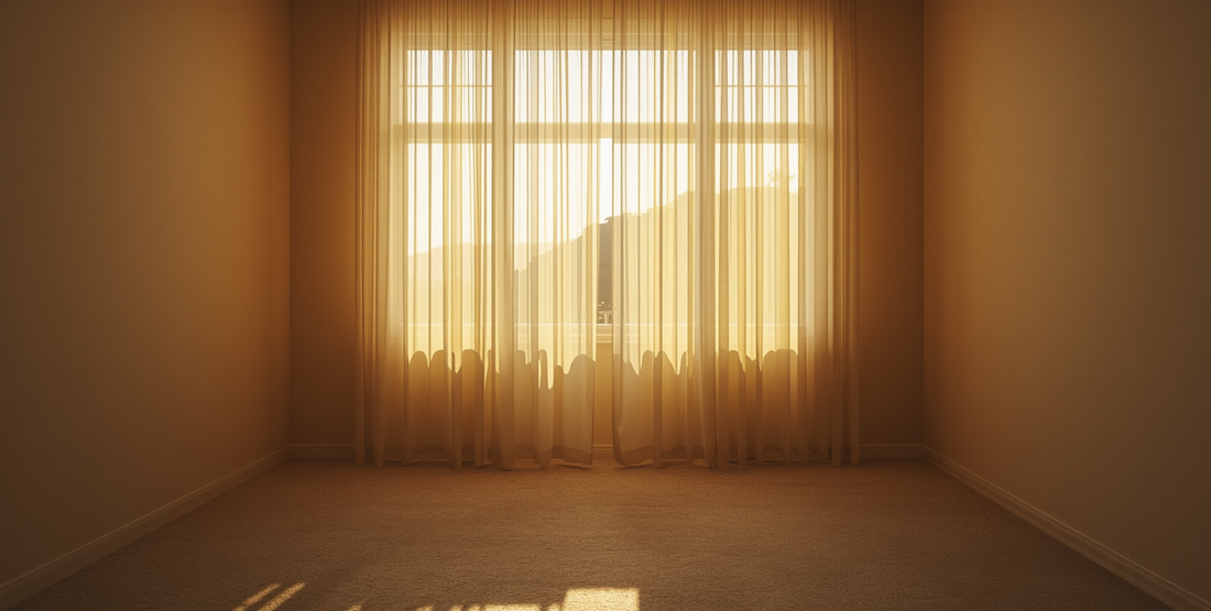Warm sunlight through sheer curtains into an empty room, creating soft shadows and a quiet, reflective atmosphere symbolizing emotional distance and unresolved feelings after a breakup