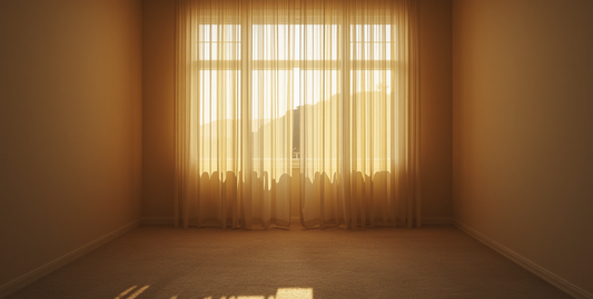Warm sunlight through sheer curtains into an empty room, creating soft shadows and a quiet, reflective atmosphere symbolizing emotional distance and unresolved feelings after a breakup