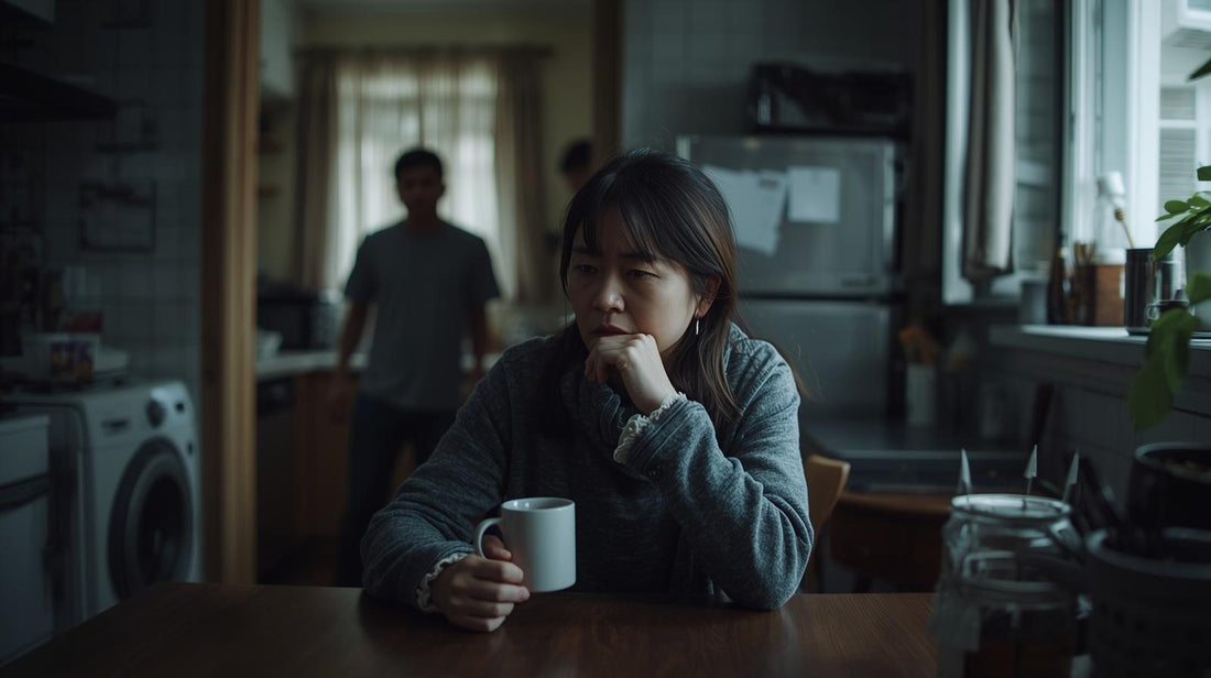 Woman sitting quietly at a table reflecting after conflict in a narcissistic marriage
