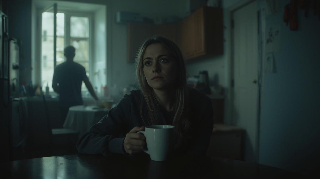 Woman sitting quietly at a table reflecting after conflict in a narcissistic marriage