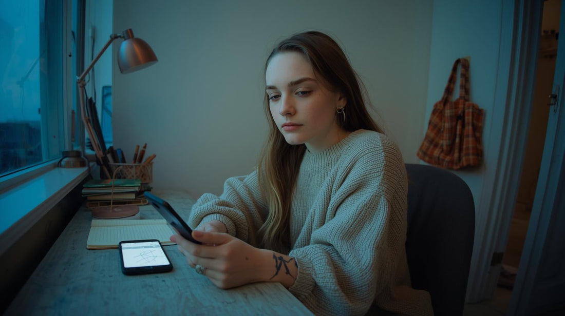 Pierced young woman sitting at desk at dusk carefully considering a text message to her ex