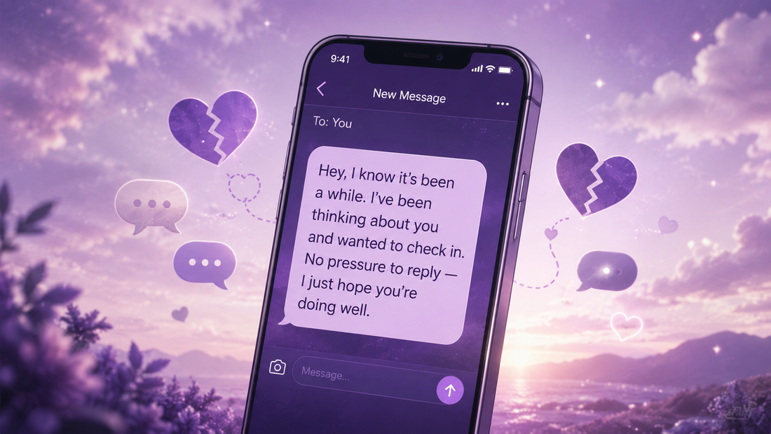 Illustration of a smartphone showing a text to an ex against a dreamy purple background with broken hearts and message icons.