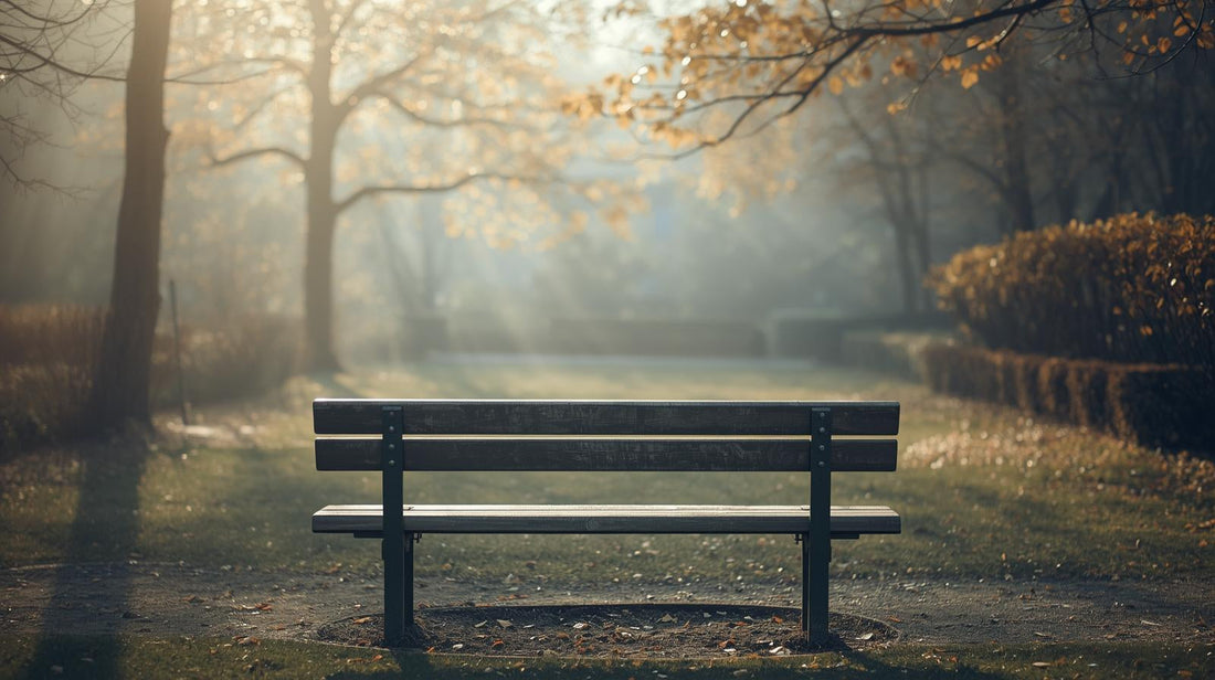 Empty bench facing an open, quiet space in soft morning light, symbolizing the weight of unspoken emotions carried alone