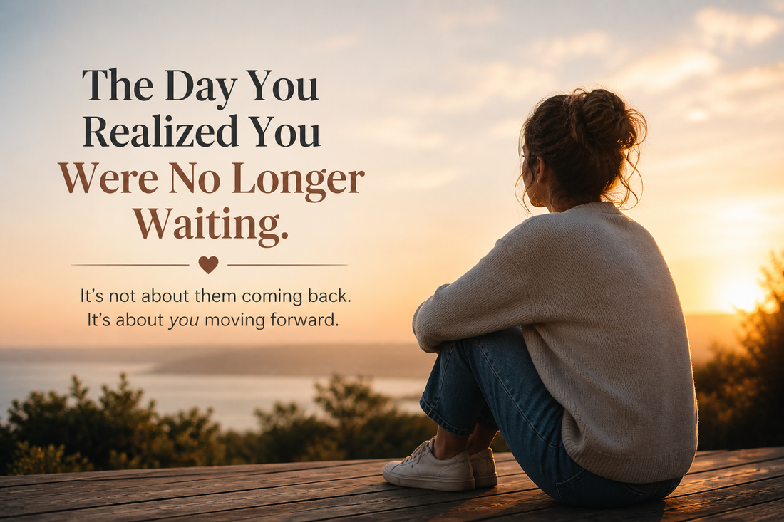 Woman sitting alone at sunset overlooking water, reflecting on moving forward and no longer waiting for her ex to come back