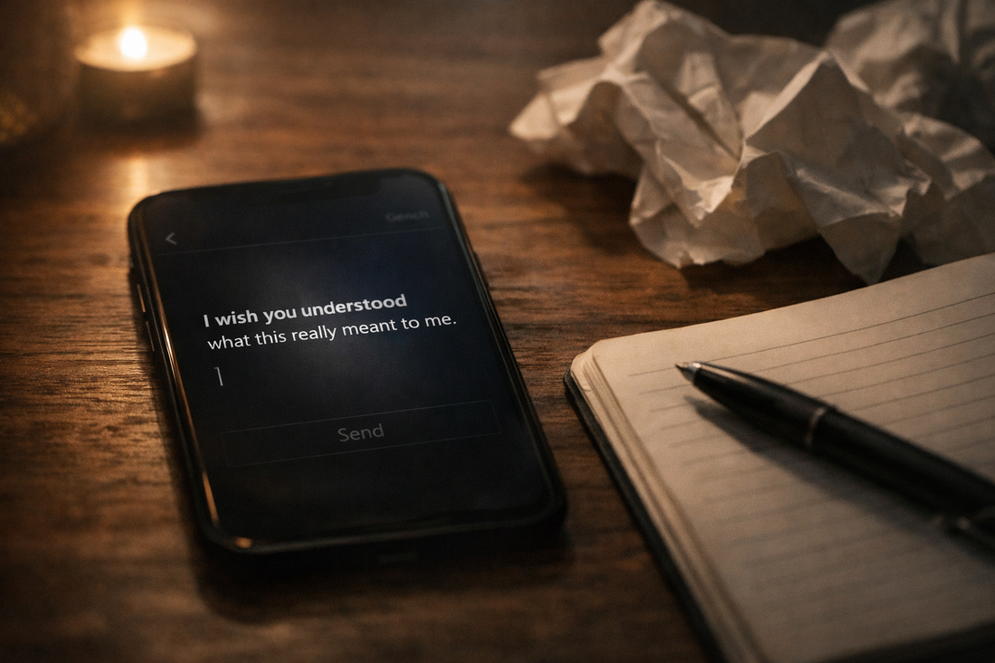 A phone resting on a wooden table with an unsent message on the screen, surrounded by handwritten notes and soft, low light