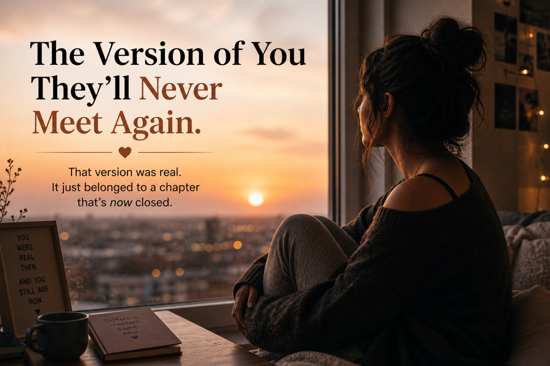 Woman sitting by a window at sunset reflecting on a past relationship, symbolizing personal change and the version of herself that existed only with her ex