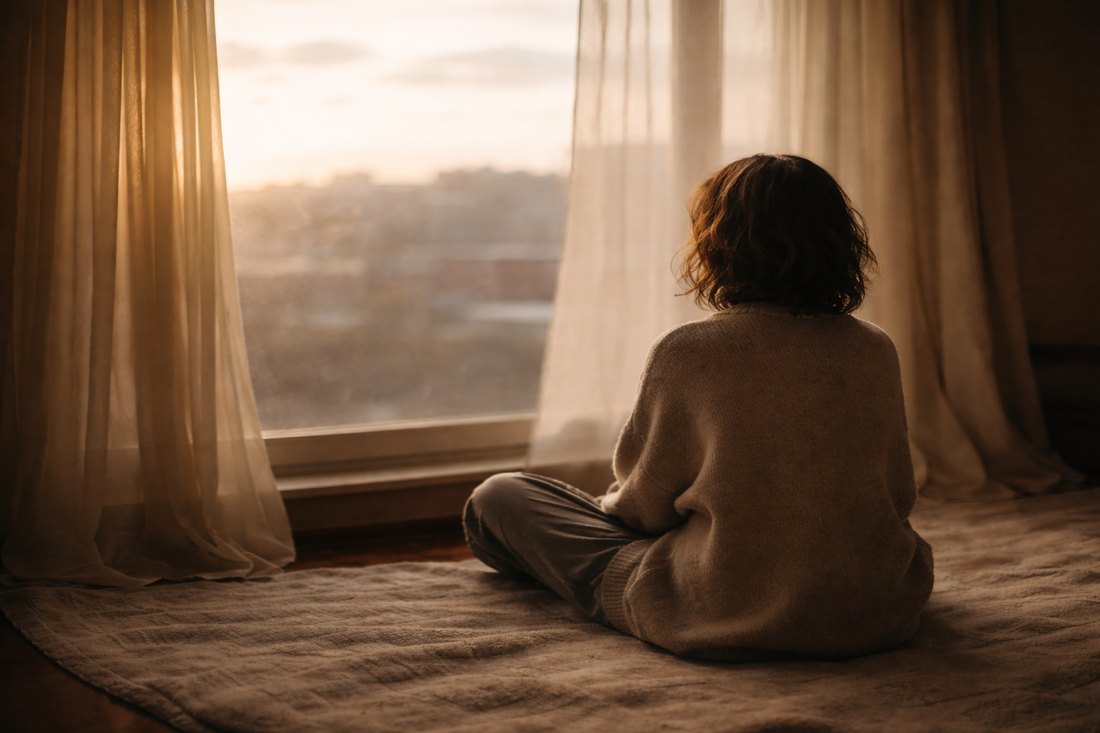 A person sitting quietly by a window at sunset, reflecting on the version of themselves that existed only within a past relationship.