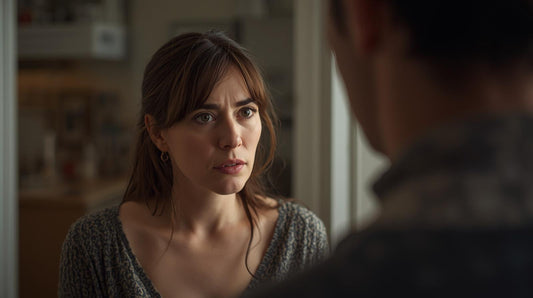 Woman scanning her partner’s mood, her own calm dependent on his expression.