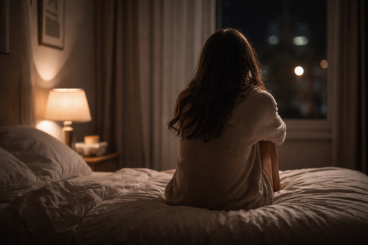 Person sitting on the edge of a bed at night, looking out the window while thinking about an ex.