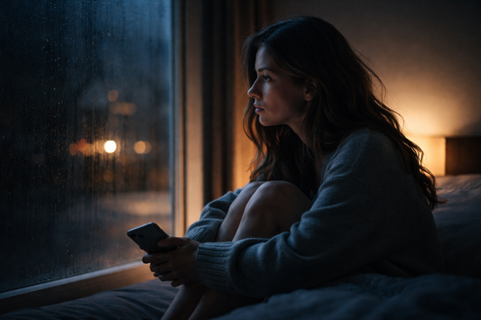 Person sitting on a bed at night looking out a rain-covered window while holding a phone, lost in thoughts about an ex.