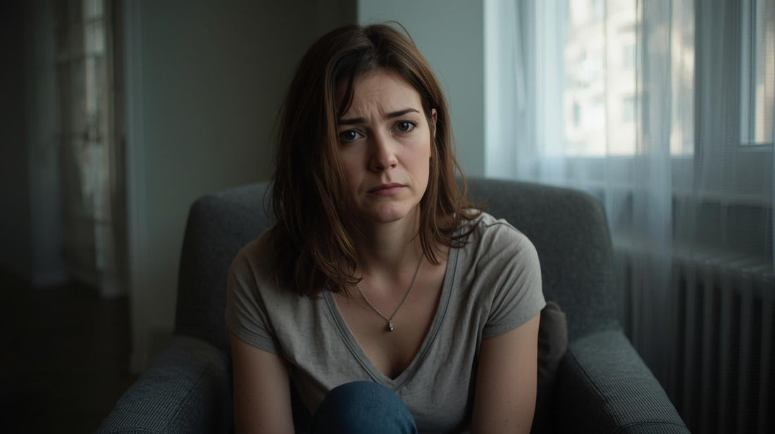 Woman sitting alone, composed but exhausted from holding everything together.